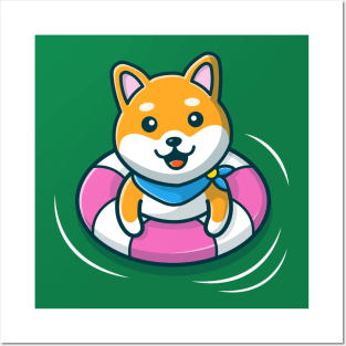 Cute Shiba Inu Dog Floating With Swimming Tires Posters and Art